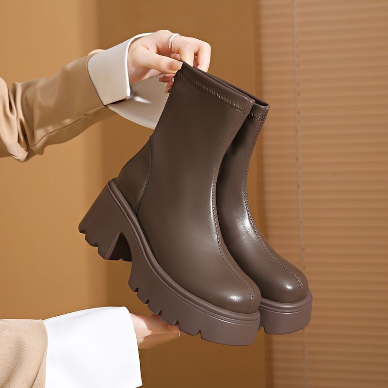 Women's Platform Martin British Style Ankle Small Height Increasing Thin Women's Leather Boots