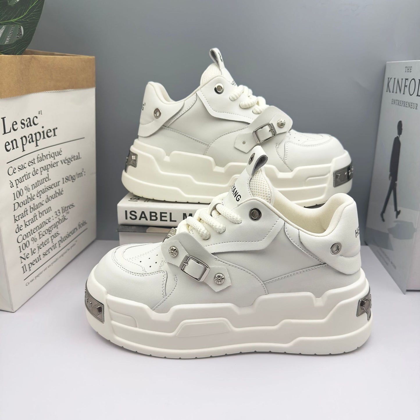 Women's & Men's Bread Thick Sole Height Increasing Fashionable White Design Couple Men's Casual Shoes
