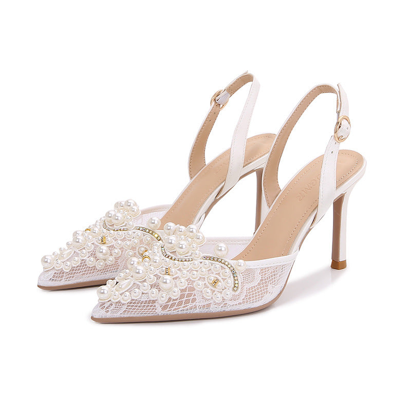 Women's White Wedding Lace Princess Style Stiletto High Heeled Sandals