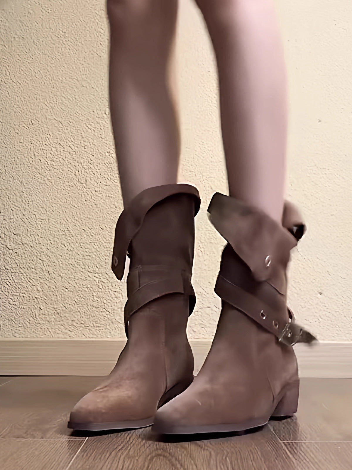 Women's Buckle Two-way Wear Knight Chunky Desert Western Cowboy Length Heels