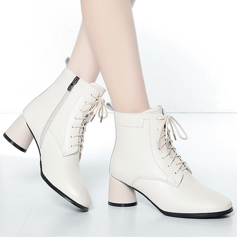 Women's White Martin Mid Ankle Soft Thin Women's Leather Boots