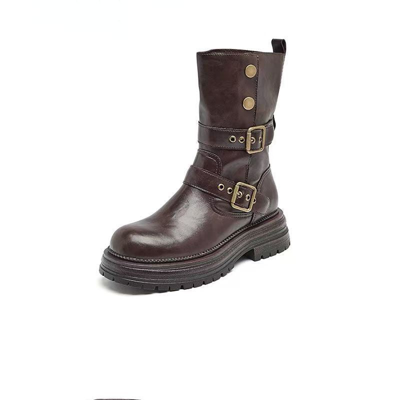 Women's Brown Ankle Retro Autumn Martin Handsome British Style Thick Women's Leather Boots