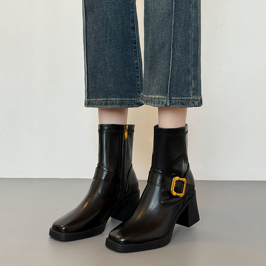 High Square Toe Booties Waterproof Platform With Chunky Increased Skinny Heels