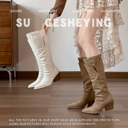 Women's Beige White Together Lace French High Long Tube Fashion Pointed Women's Leather Boots