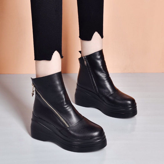 Women's Spring Thin Genuine Soft Bottom Muffin Height Increasing Plus Women's Leather Boots