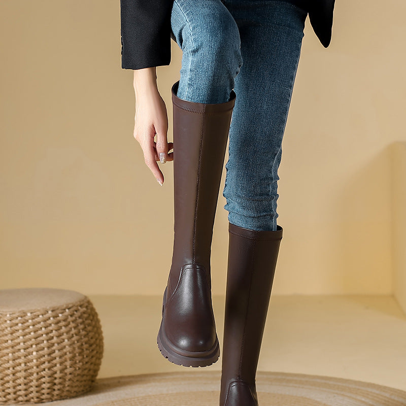 Platform Large Small Size Fleece-lined Below The Knee Fat Widened Women's Leather Boots