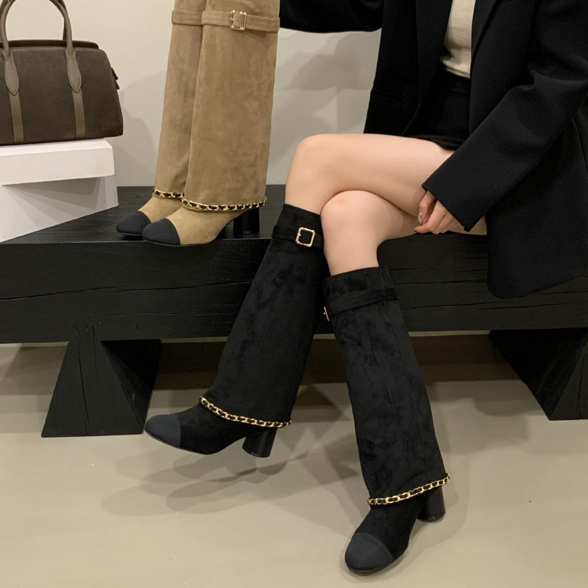 Fashionable Thick Color Matching Chain High Female Women's Leather Boots
