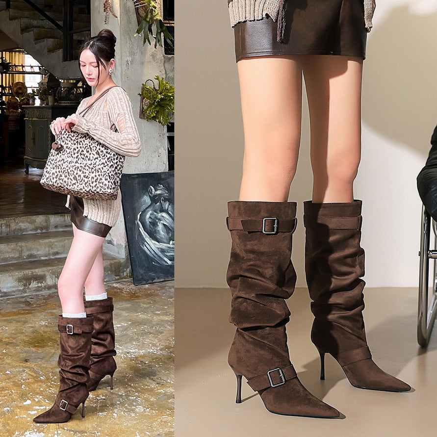 Women's Slimming Belt Buckle Pointed Pleated Pile Style High Heels