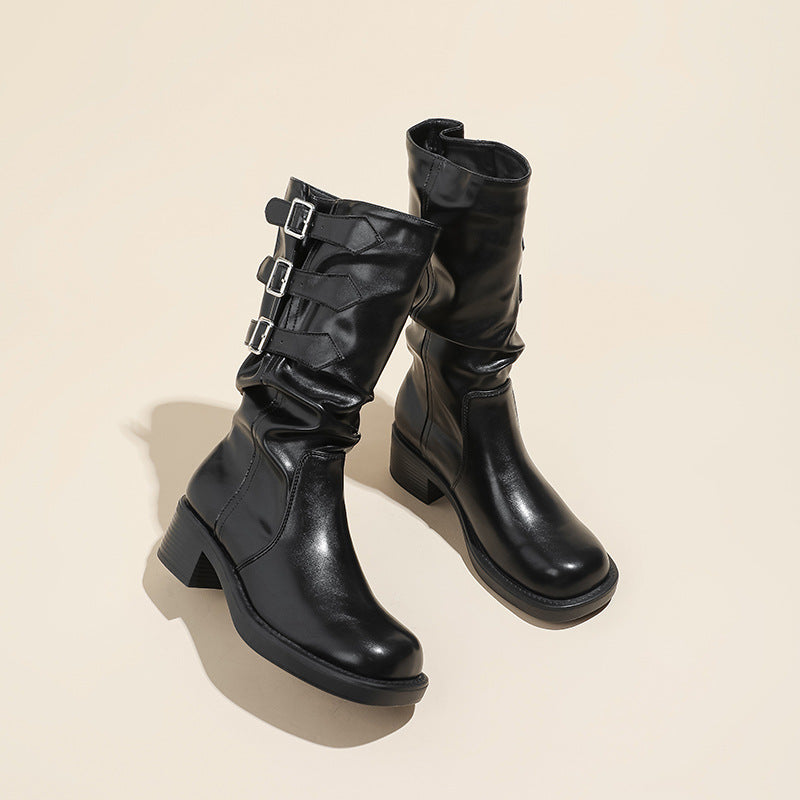 Women's Retro Belt Buckle Booties Western Style Boots