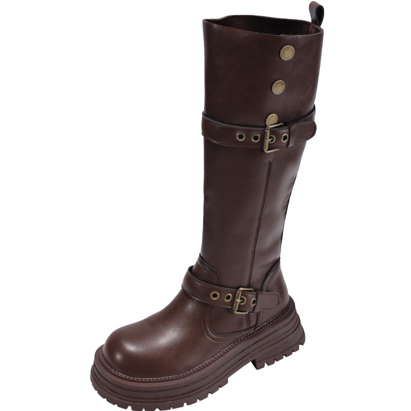 Women's Brown Retro British Style Chunky Platform Below Heels