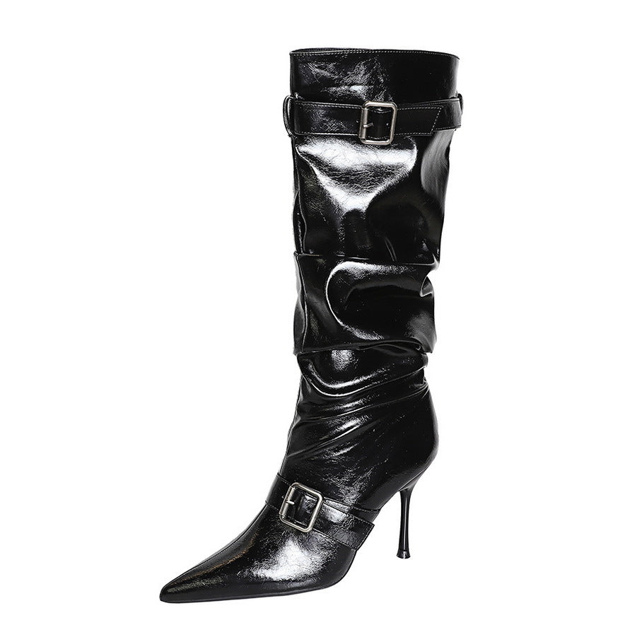 Women's Knee Pointed Toe Pleated Belt Buckle Pile Style Women's Leather Boots