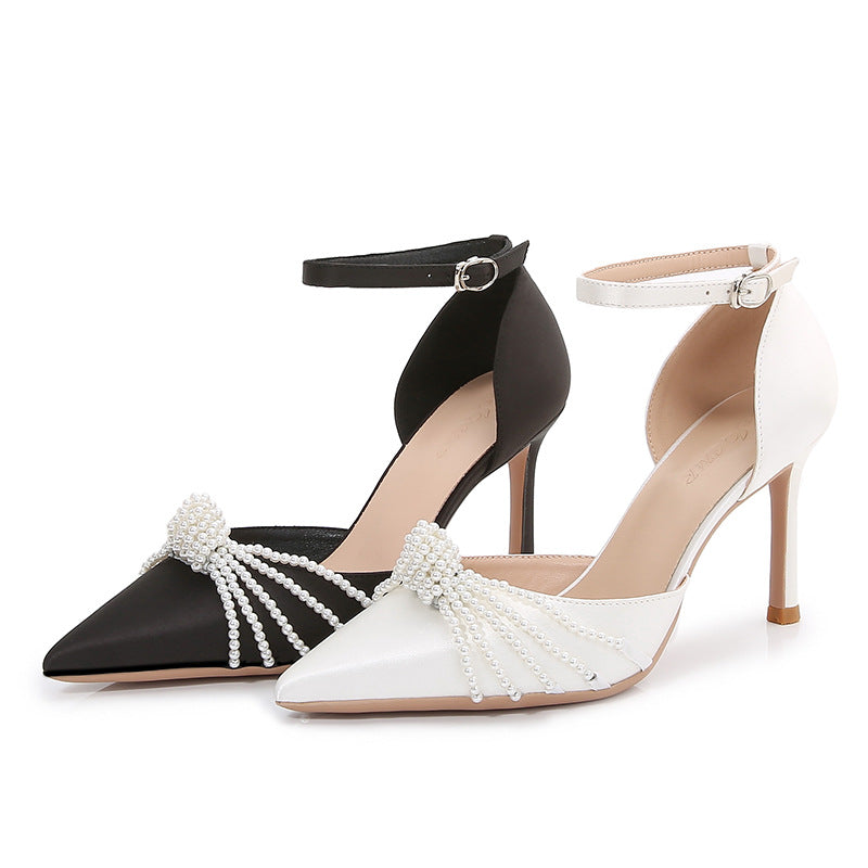 Women's Multiple Pearl Pointed Toe Stiletto Buckle Strap High Sexy Heels