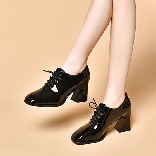Women's French Style Temperament Square Toe Laces Chunky High Deep Mouth Women's Fashion Shoes