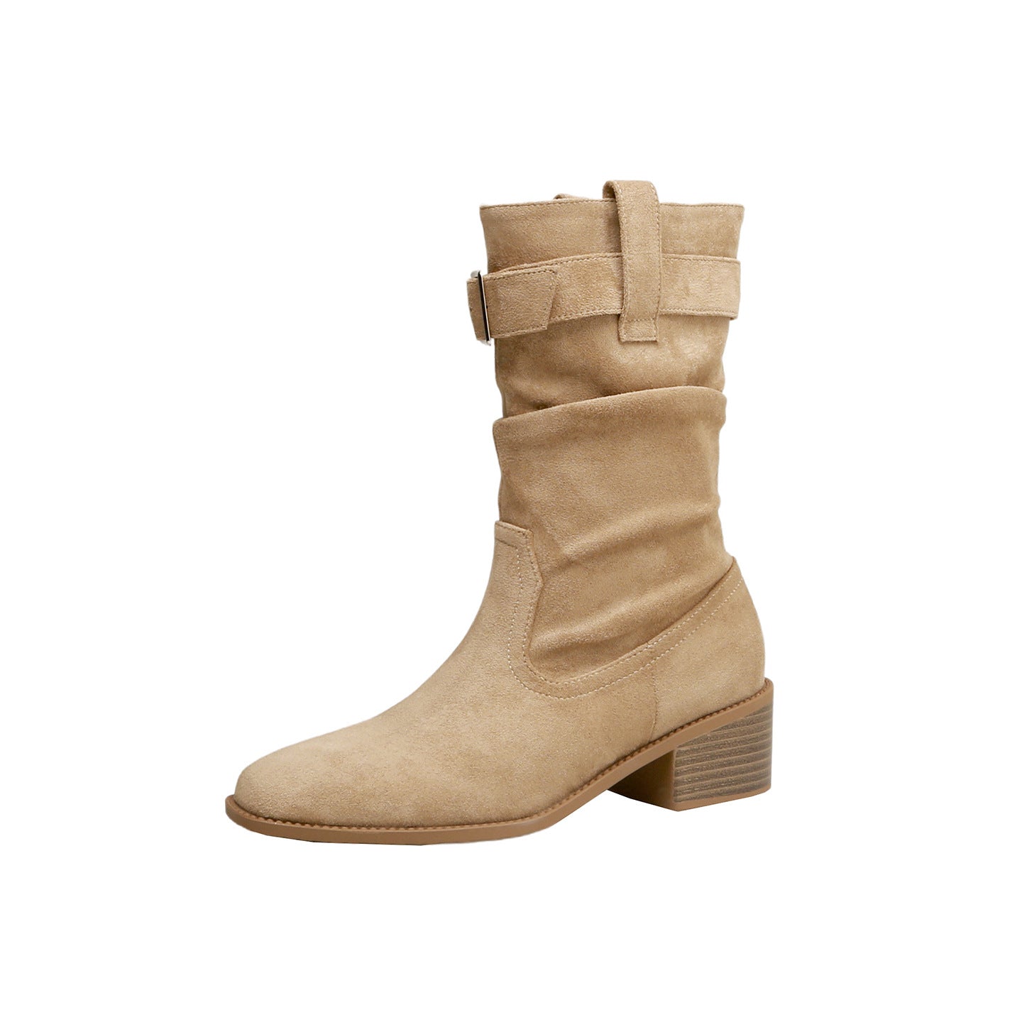 Women's Vintage Suede Chunky Middle Pile Style Short Western Heels