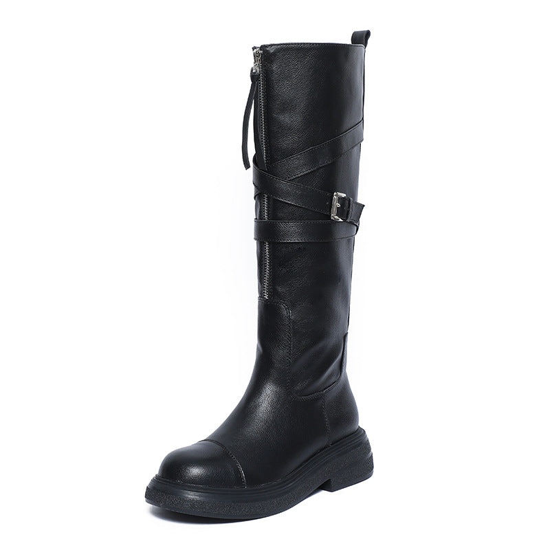 Female Front Zip Platform Below The Knee Biker Fat High Women's Leather Boots