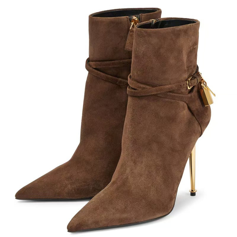 Metal Texture Stiletto Lock Slim Fit Women's Leather Boots