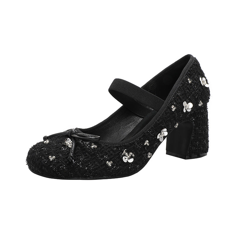 Women's Classic Style Early Spring Fairy Thick Bowknot Sequins Round Toe Women's Fashion Shoes