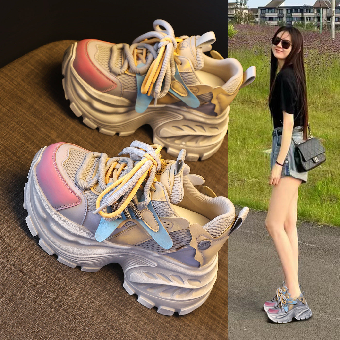 Women's Bottom Height Increasing Insole Mesh Breathable Clunky Spring Muffin Sports Casual Shoes