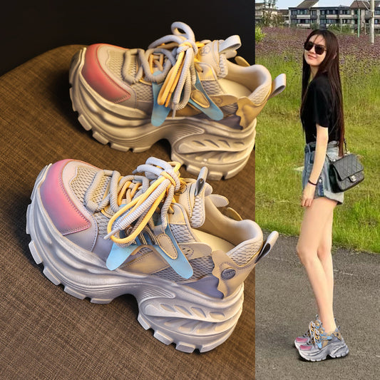 Women's Bottom Height Increasing Insole Mesh Breathable Clunky Spring Muffin Sports Casual Shoes