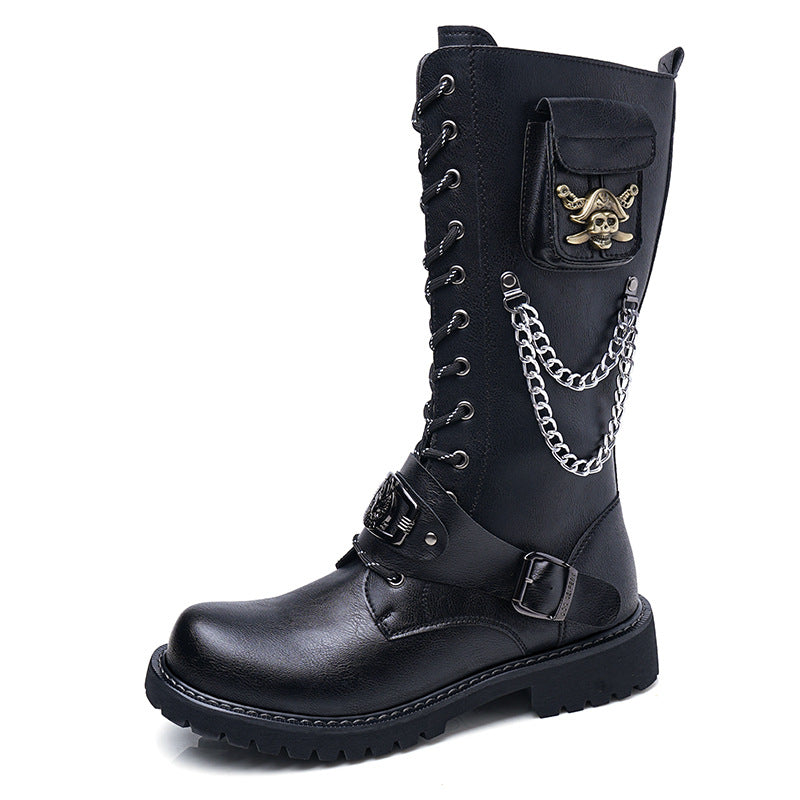 Men's Chain Cowboy Thick Bottom Trendy Stage Men's Leather Boots
