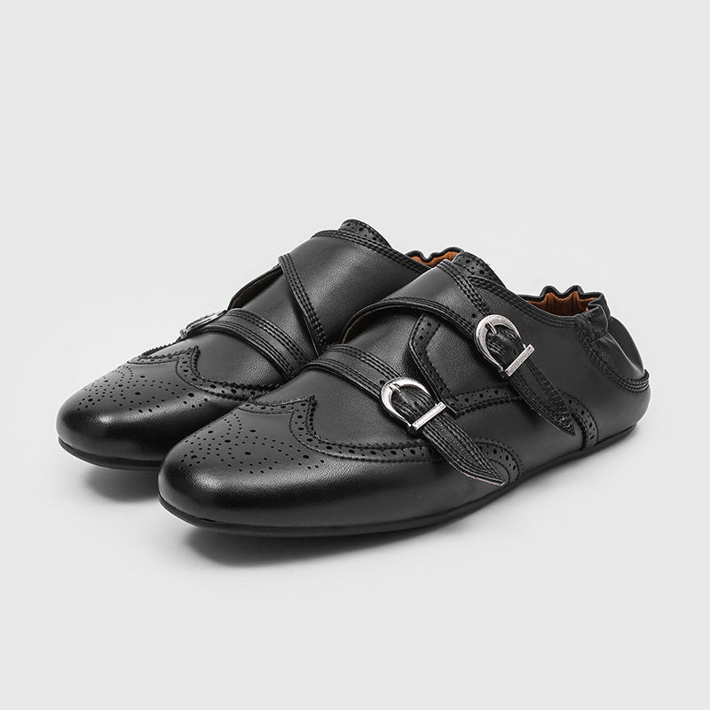 Men's Spring Round Toe Buckle Flat Brogue Nude Men's Shoes