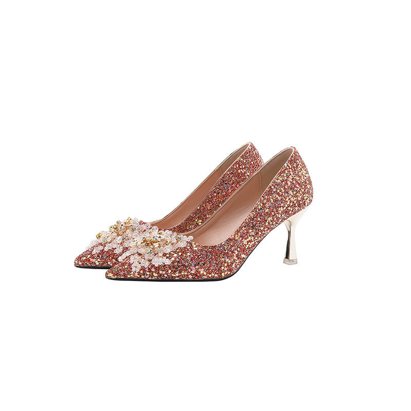 Paillette Wedding Bridal With Evening Dress Pointed High Thin Heeled Heels
