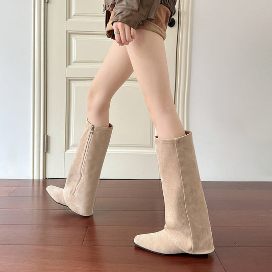 Increasing Insole Below The Knee Pantyhose Pointed Toe Suede Knight Women's Leather Boots