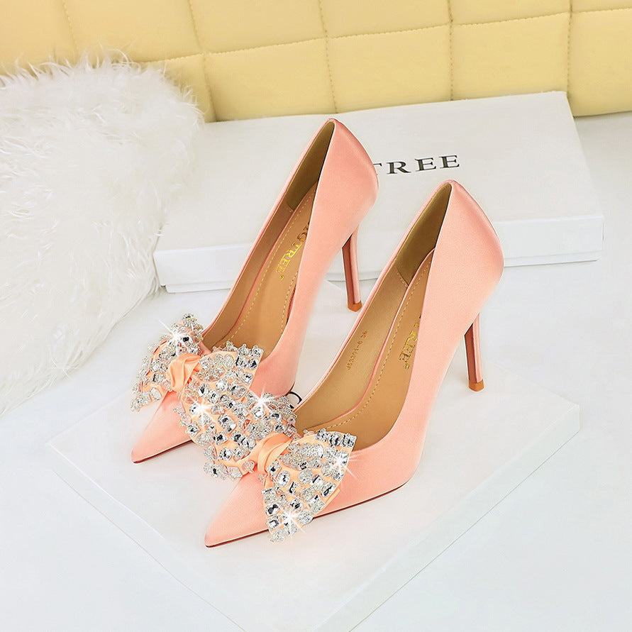 Women's Satin Shallow Mouth Pointed Toe Rhinestone Bow Women's Fashion Shoes