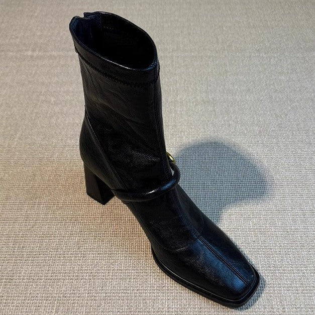 Back Zipper High Square Toe Vintage Fashion Female French Women's Leather Boots