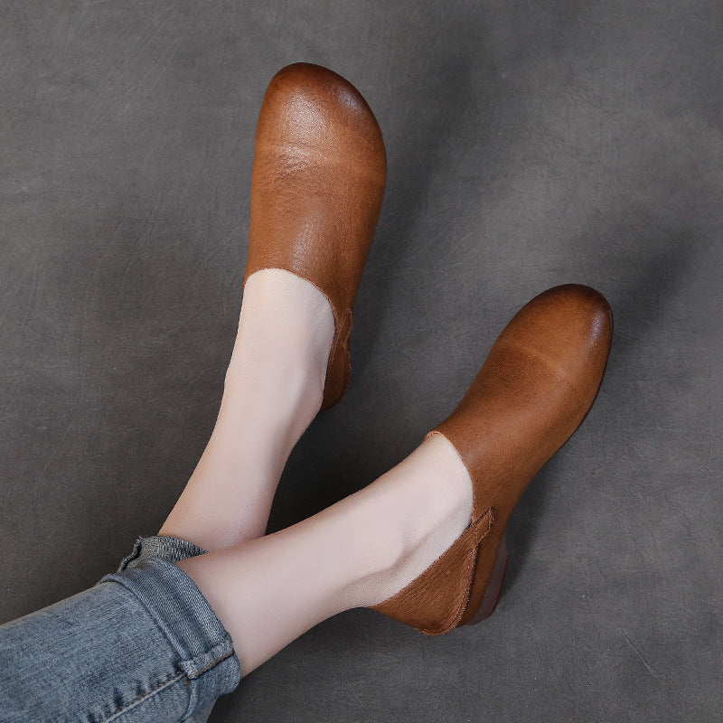 Women's First Layer Cowhide Flat Soft Bottom Pumps Artistic Retro Handmade Heels