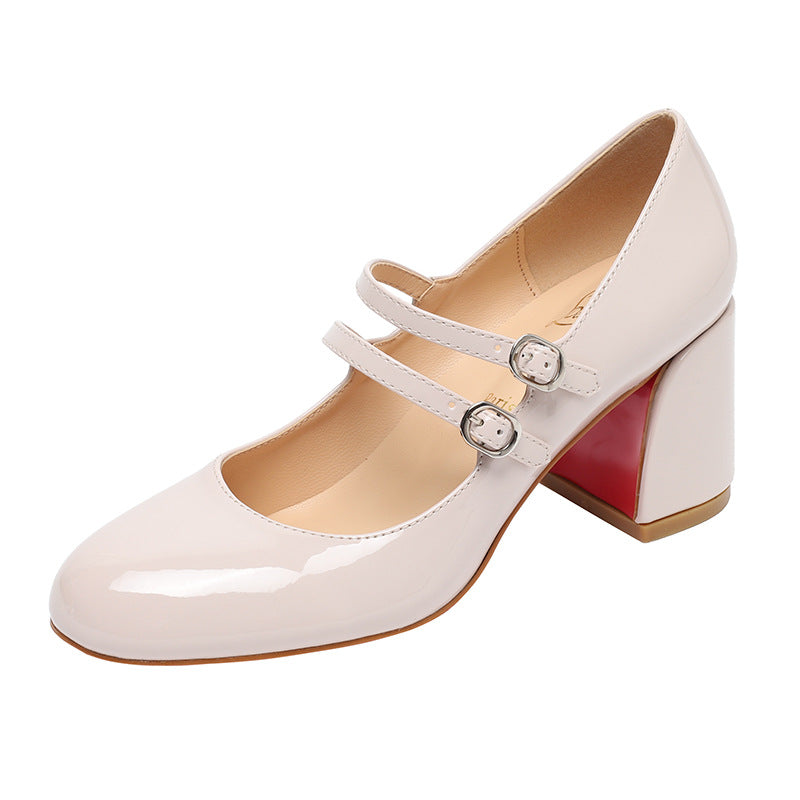Round Head Double Buckle Chunky Mary Jane High Pumps Women's Fashion Shoes