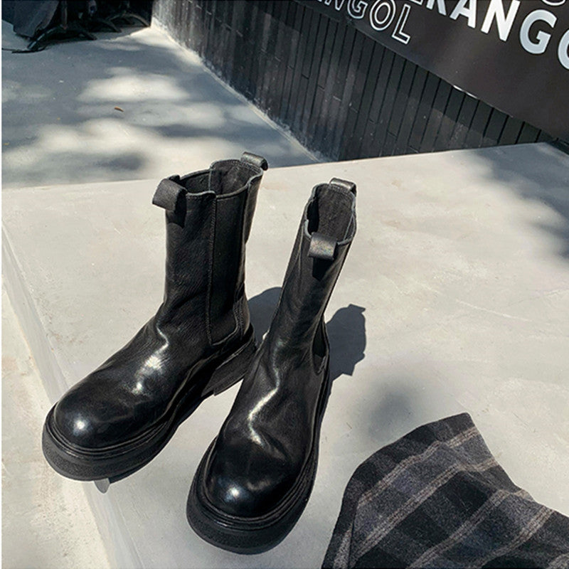 Women's Shrink Pattern Genuine Platform Smoke Pipe Women's Leather Boots