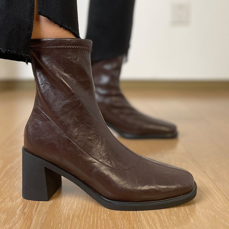 Women's Mute Soft Bottom Stretch Thin Chunky High Short Women's Leather Boots