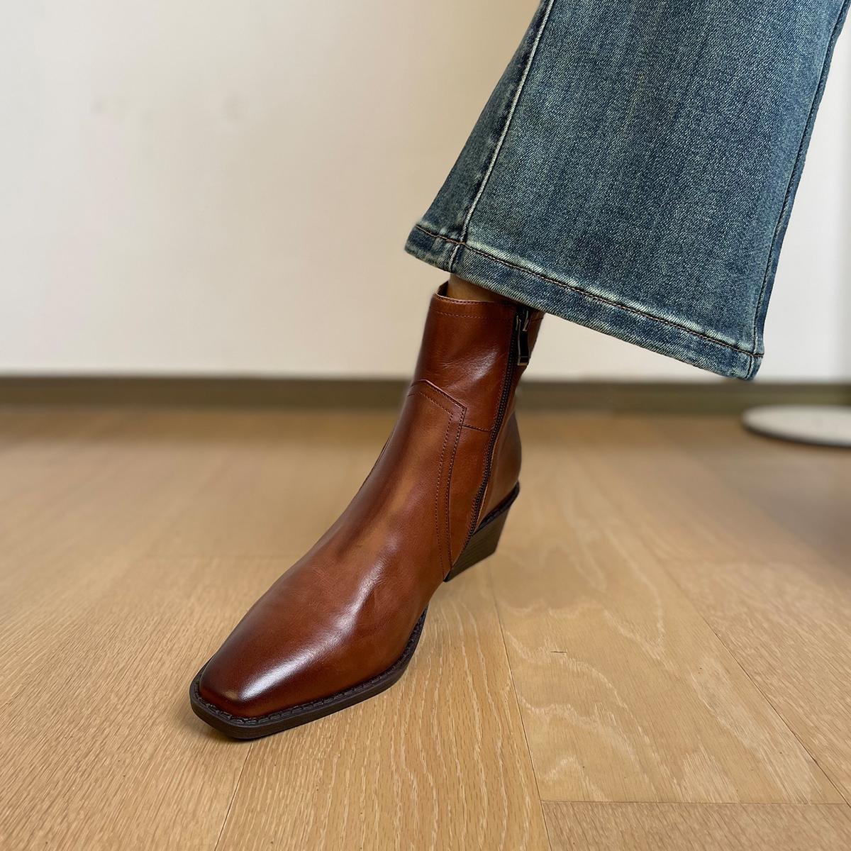 Women's Layer Cowhide Square Toe Short Chunky High British Women's Leather Boots