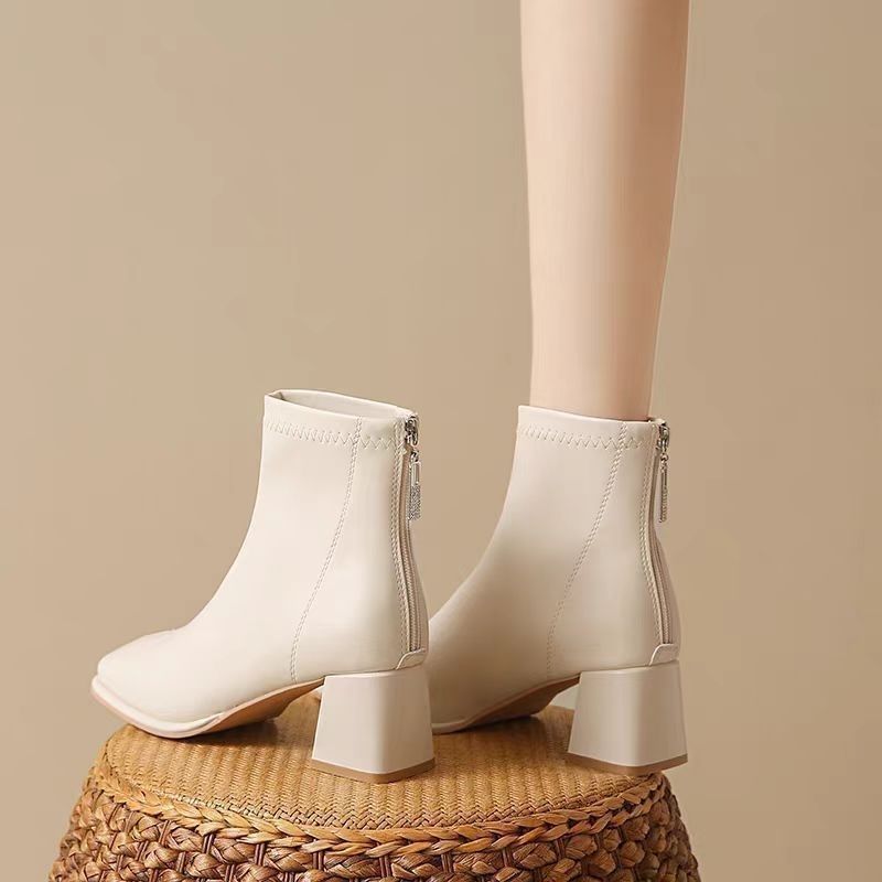 Women's Soft Chunky Short For Mid Martin Square Toe Small Ankle Women's Leather Boots