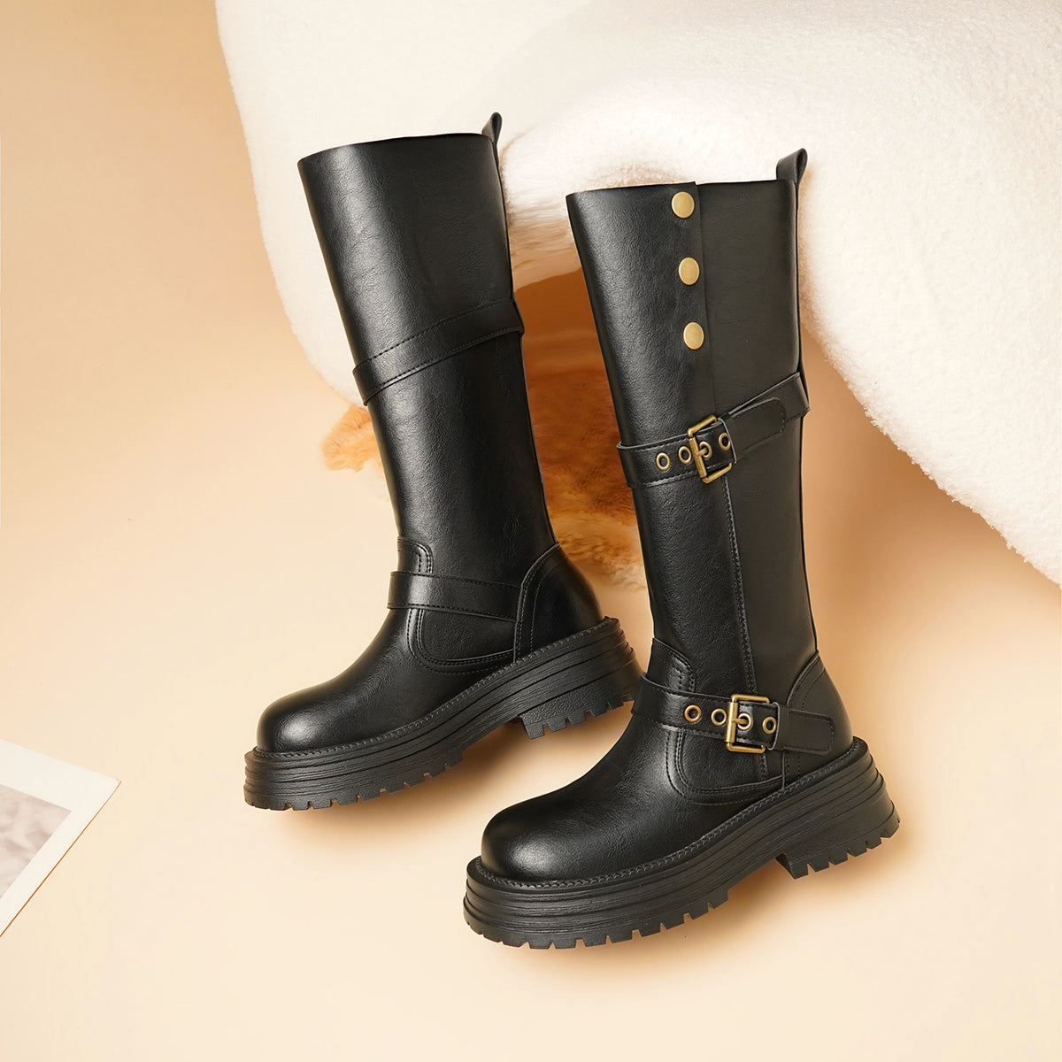Women's Slimming Small Thick Bottom Increased Below The Knee High Women's Leather Boots