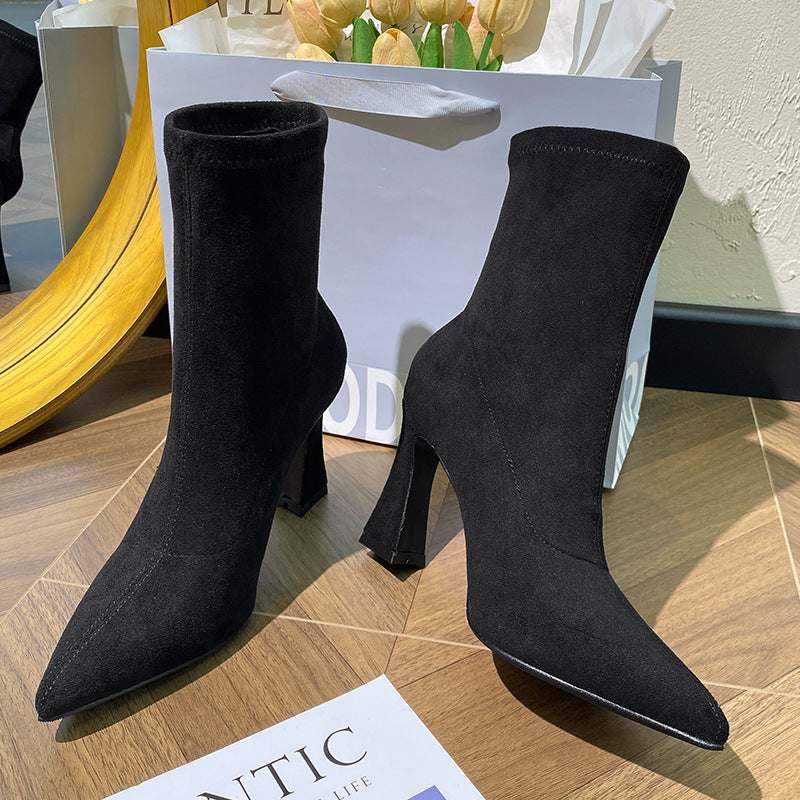 Women's Stretch Thin Black For Chunky Suede Pointed High Mid Short Women's Leather Boots