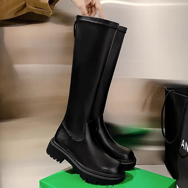 Women's Leg Thick Bottom Large Small Size Fat Widened Long Biker Women's Leather Boots