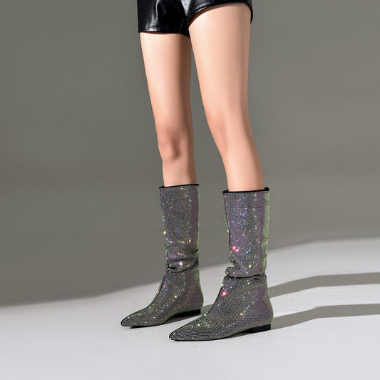 Toe Flat Bottom Rhinestone High Leg Winter Suede Stitching Sleeve Women's Leather Boots