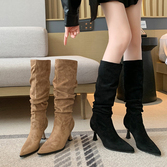 Women's Thick Leg Big Tube Circumference High Pointed Toe Pile Style Heels