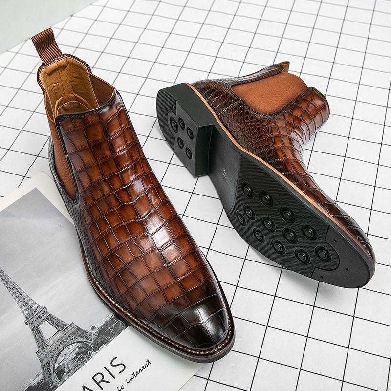 Men's Chelsea Pointed British Crocodile Pattern Ankle Fleece-lined Boots