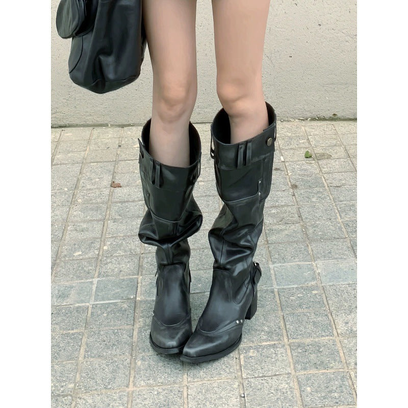 Women's Knight Hot Below The Knee Big Pointed Toe Chunky Slimming Heels