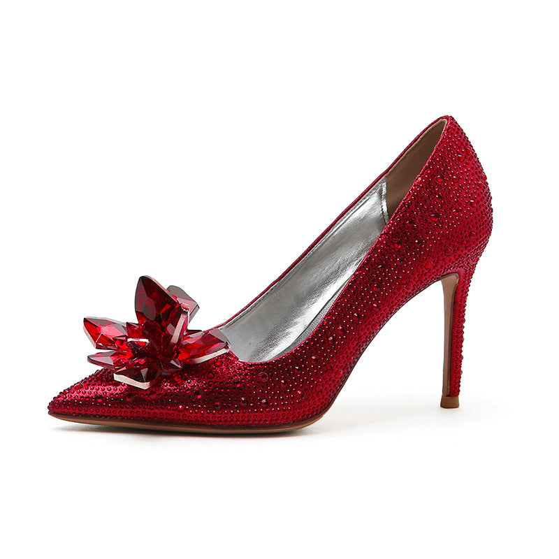 Women's Cinderella Crystal Stiletto Pointed Toe Low-cut Rhinestone Plus Size Bridal Women's Fashion Shoes