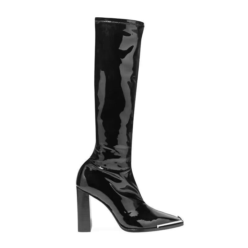 Chunky Square Toe Long High Motorcycle Boots
