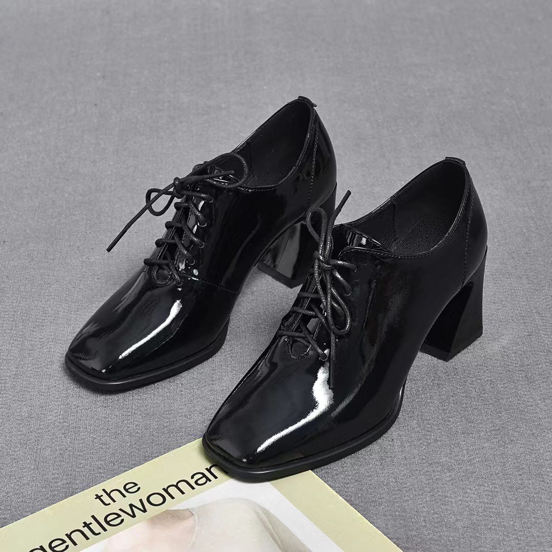 Women's Black Professional Square Toe Laces Mid Deep Women's Fashion Shoes