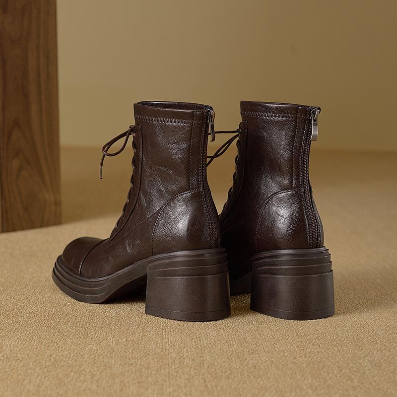 Thick Skinny Back Zip Platform Stretch Stitching Ankle Heels