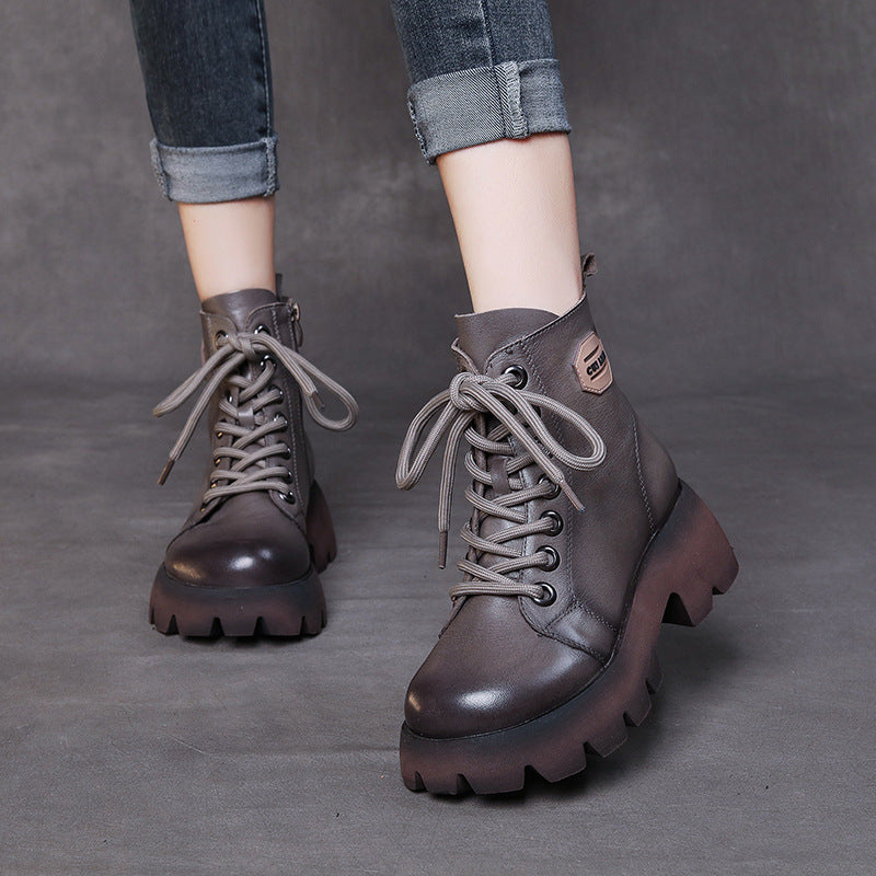 Women's Handmade Martin For Winter Lace Up Increased Single-layer Women's Leather Boots