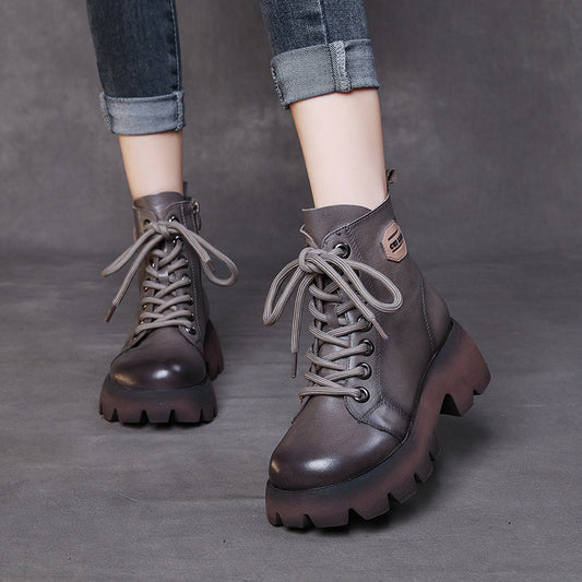 Women's Handmade Martin For Winter Lace Up Increased Single-layer Women's Leather Boots
