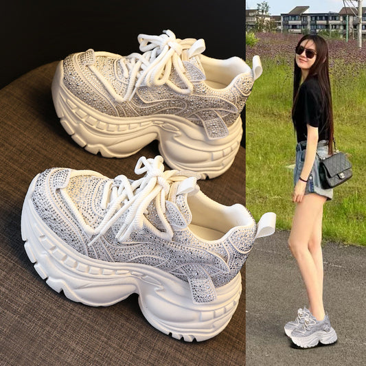 Women's Height Increasing Insole Rhinestone Dad Autumn Sports Casual Shoes