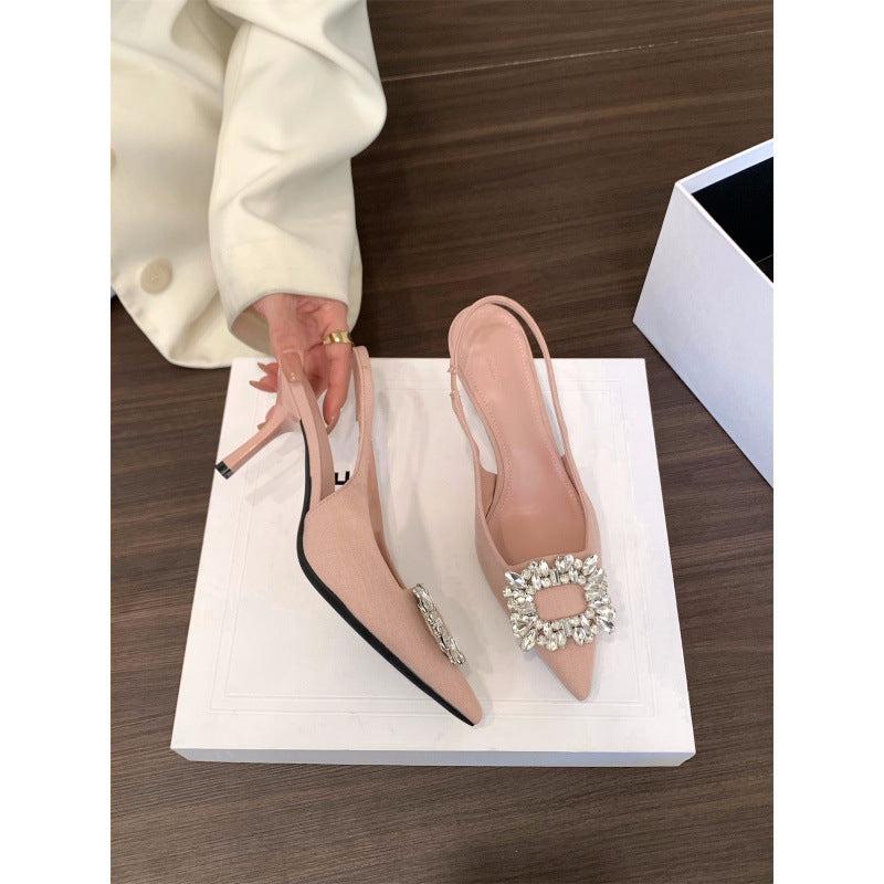 Niche French Style Dignified Rhinestone Closed Toe High Heeled Sandals